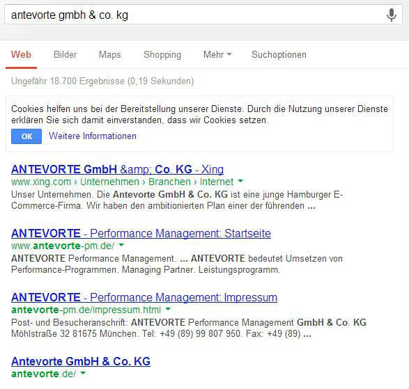 Screenshot der Google Suche nach Antevorte GmbH & Co. KG